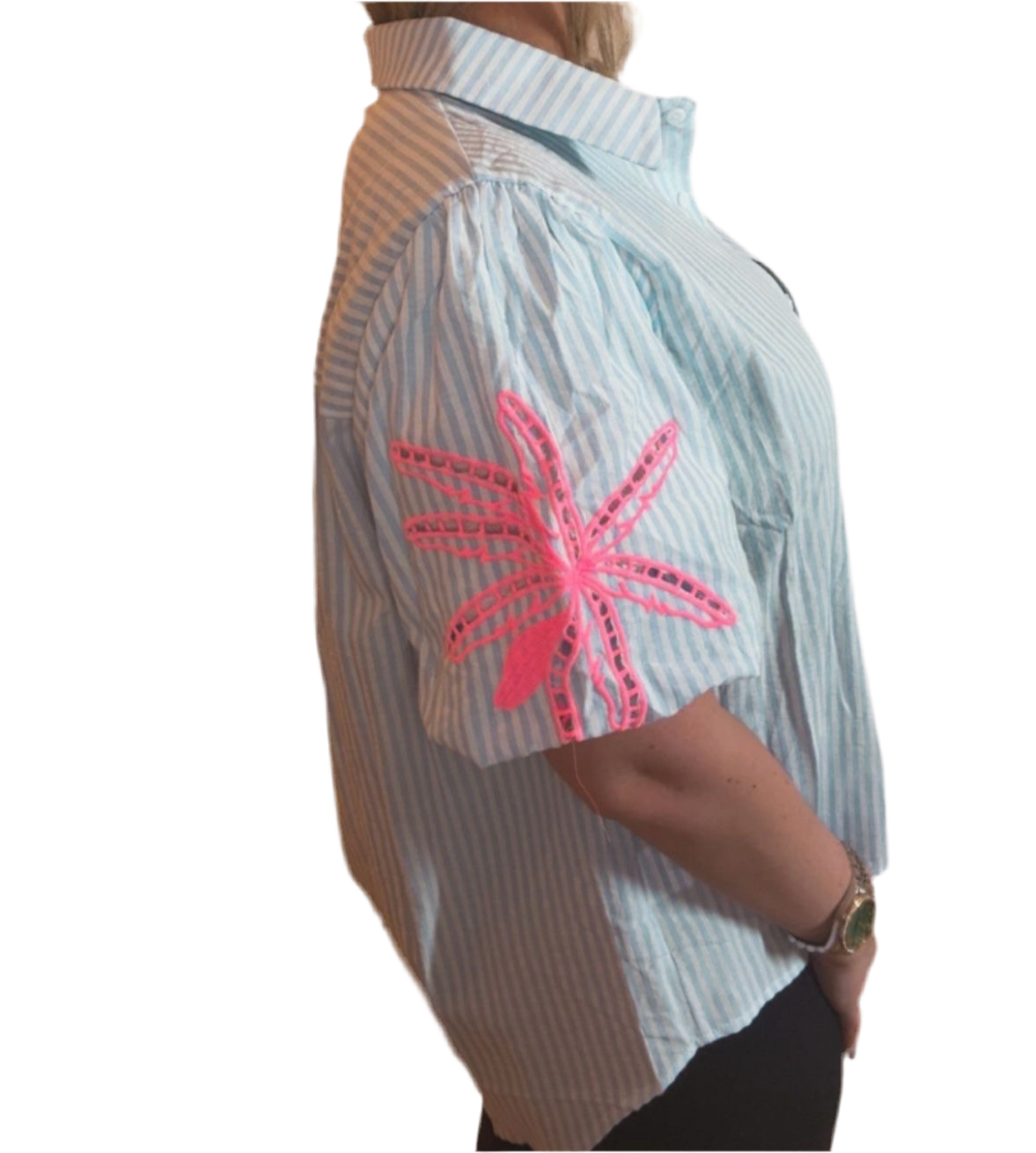 Blauw gestreepte blouse koraal zeester
